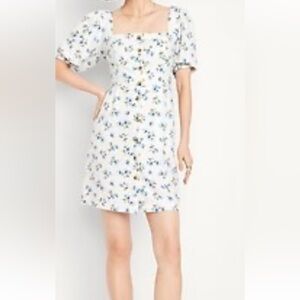 NWT Old Navy White Mini Dress with Blue Floral Print Sz XXLP-Linen Blend